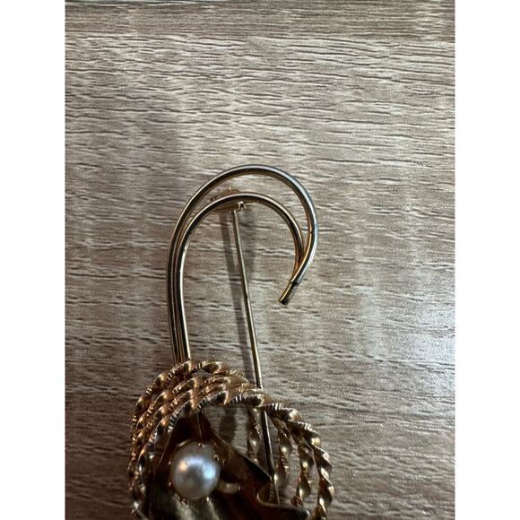 Vintage Wrap Gold Tone Circle Leaf Faux Pearl‎ Pin Brooch Elegant Jewelry - Picture 3 of 9